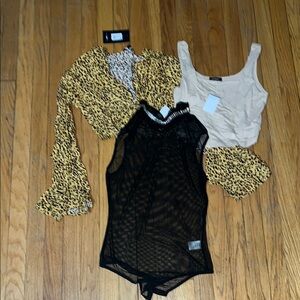 Leopard Print, Tan crop top and Black Mesh Women's Set